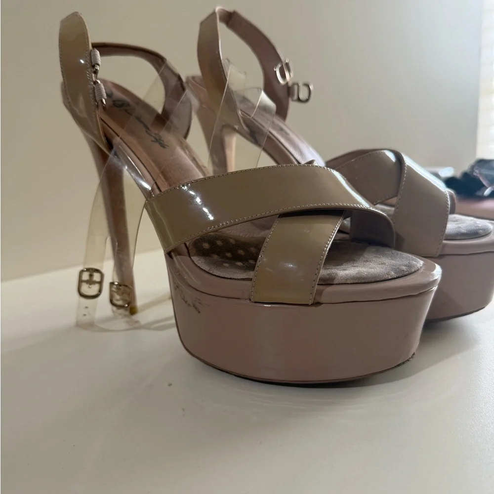 Nude Patent Platform Stiletto Sandals with Ankle Strap